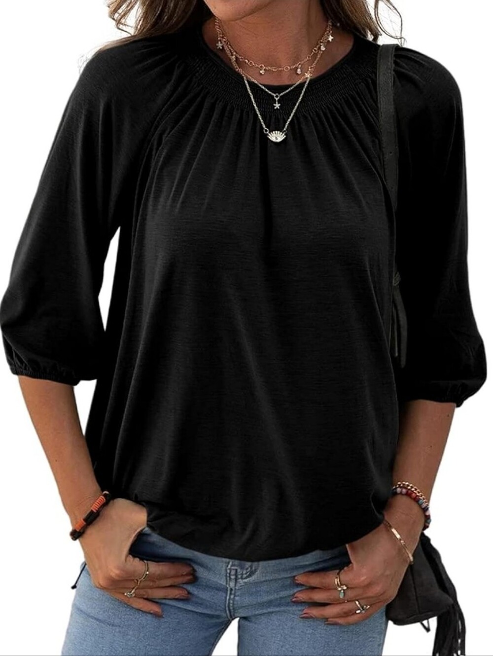 Black Women's Solid Crew Neck T Shirt Blouse Cotton Half Sleeve 3/4 Sleeve